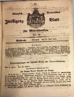 Königlich Bayerisches Intelligenzblatt für Mittelfranken (Ansbacher Intelligenz-Zeitung) Mittwoch 11. Juni 1845