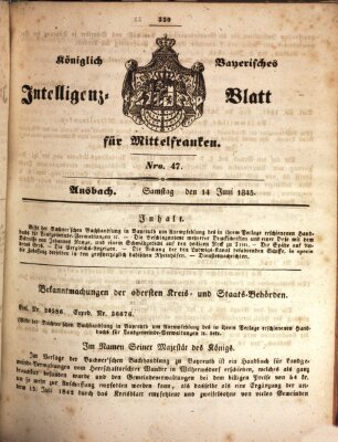 Königlich Bayerisches Intelligenzblatt für Mittelfranken (Ansbacher Intelligenz-Zeitung) Samstag 14. Juni 1845