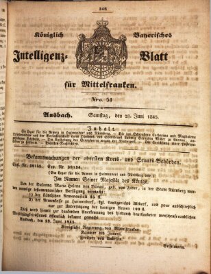 Königlich Bayerisches Intelligenzblatt für Mittelfranken (Ansbacher Intelligenz-Zeitung) Samstag 28. Juni 1845