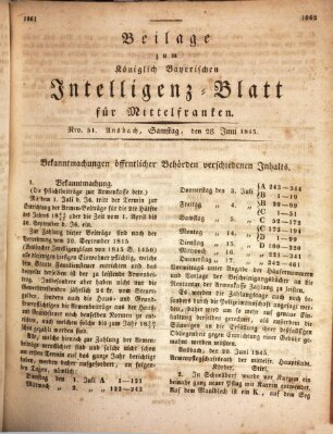 Königlich Bayerisches Intelligenzblatt für Mittelfranken (Ansbacher Intelligenz-Zeitung) Samstag 28. Juni 1845