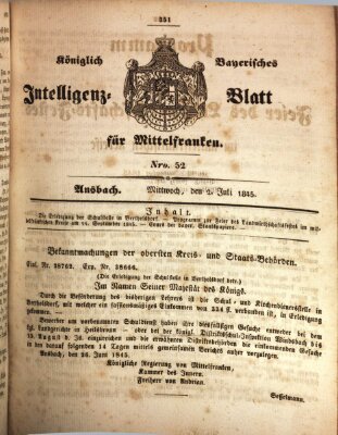 Königlich Bayerisches Intelligenzblatt für Mittelfranken (Ansbacher Intelligenz-Zeitung) Mittwoch 2. Juli 1845