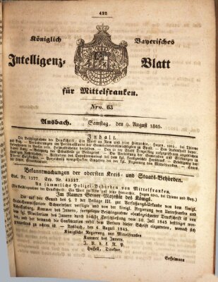 Königlich Bayerisches Intelligenzblatt für Mittelfranken (Ansbacher Intelligenz-Zeitung) Samstag 9. August 1845