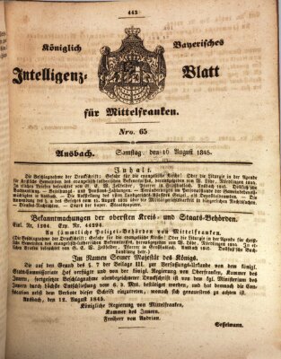 Königlich Bayerisches Intelligenzblatt für Mittelfranken (Ansbacher Intelligenz-Zeitung) Samstag 16. August 1845