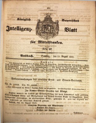 Königlich Bayerisches Intelligenzblatt für Mittelfranken (Ansbacher Intelligenz-Zeitung) Samstag 23. August 1845