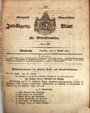 Königlich Bayerisches Intelligenzblatt für Mittelfranken (Ansbacher Intelligenz-Zeitung) Samstag 30. August 1845