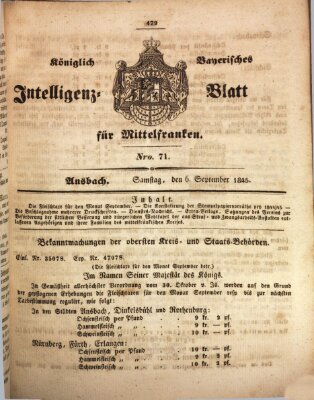 Königlich Bayerisches Intelligenzblatt für Mittelfranken (Ansbacher Intelligenz-Zeitung) Samstag 6. September 1845