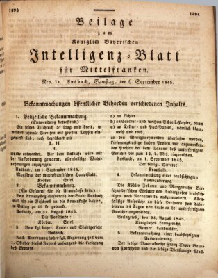 Königlich Bayerisches Intelligenzblatt für Mittelfranken (Ansbacher Intelligenz-Zeitung) Samstag 6. September 1845