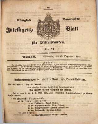 Königlich Bayerisches Intelligenzblatt für Mittelfranken (Ansbacher Intelligenz-Zeitung) Mittwoch 17. September 1845