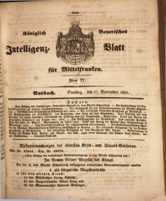 Königlich Bayerisches Intelligenzblatt für Mittelfranken (Ansbacher Intelligenz-Zeitung) Samstag 27. September 1845