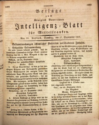 Königlich Bayerisches Intelligenzblatt für Mittelfranken (Ansbacher Intelligenz-Zeitung) Samstag 27. September 1845