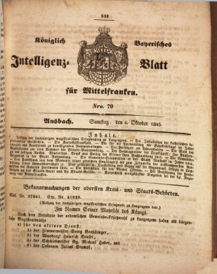 Königlich Bayerisches Intelligenzblatt für Mittelfranken (Ansbacher Intelligenz-Zeitung) Samstag 4. Oktober 1845