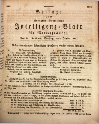 Königlich Bayerisches Intelligenzblatt für Mittelfranken (Ansbacher Intelligenz-Zeitung) Samstag 4. Oktober 1845