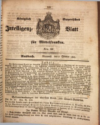 Königlich Bayerisches Intelligenzblatt für Mittelfranken (Ansbacher Intelligenz-Zeitung) Mittwoch 8. Oktober 1845