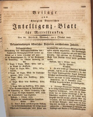 Königlich Bayerisches Intelligenzblatt für Mittelfranken (Ansbacher Intelligenz-Zeitung) Mittwoch 8. Oktober 1845