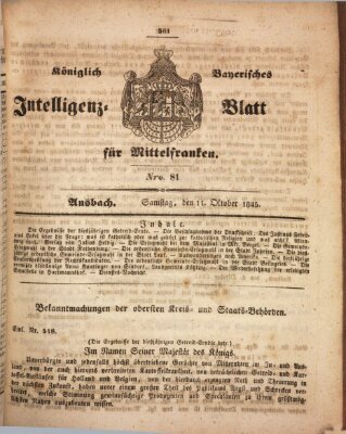 Königlich Bayerisches Intelligenzblatt für Mittelfranken (Ansbacher Intelligenz-Zeitung) Samstag 11. Oktober 1845