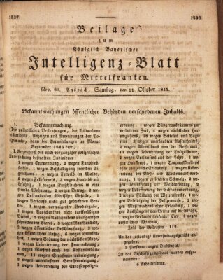 Königlich Bayerisches Intelligenzblatt für Mittelfranken (Ansbacher Intelligenz-Zeitung) Samstag 11. Oktober 1845