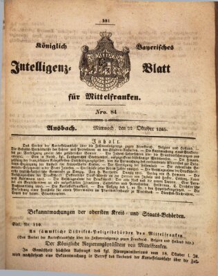 Königlich Bayerisches Intelligenzblatt für Mittelfranken (Ansbacher Intelligenz-Zeitung) Mittwoch 22. Oktober 1845