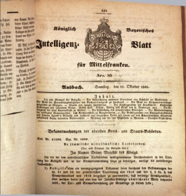 Königlich Bayerisches Intelligenzblatt für Mittelfranken (Ansbacher Intelligenz-Zeitung) Samstag 25. Oktober 1845