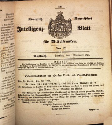 Königlich Bayerisches Intelligenzblatt für Mittelfranken (Ansbacher Intelligenz-Zeitung) Samstag 1. November 1845