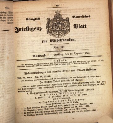 Königlich Bayerisches Intelligenzblatt für Mittelfranken (Ansbacher Intelligenz-Zeitung) Samstag 20. Dezember 1845