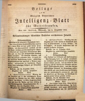 Königlich Bayerisches Intelligenzblatt für Mittelfranken (Ansbacher Intelligenz-Zeitung) Mittwoch 24. Dezember 1845