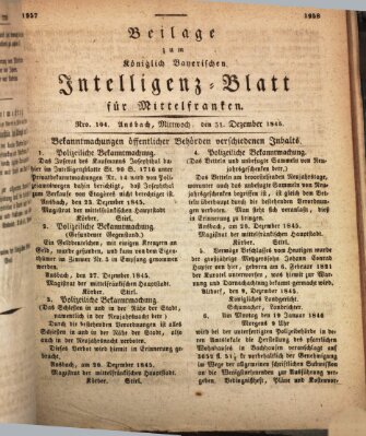 Königlich Bayerisches Intelligenzblatt für Mittelfranken (Ansbacher Intelligenz-Zeitung) Mittwoch 31. Dezember 1845