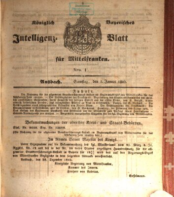 Königlich Bayerisches Intelligenzblatt für Mittelfranken (Ansbacher Intelligenz-Zeitung) Samstag 3. Januar 1846