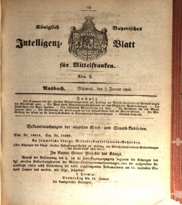 Königlich Bayerisches Intelligenzblatt für Mittelfranken (Ansbacher Intelligenz-Zeitung) Mittwoch 7. Januar 1846