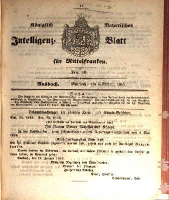 Königlich Bayerisches Intelligenzblatt für Mittelfranken (Ansbacher Intelligenz-Zeitung) Mittwoch 4. Februar 1846