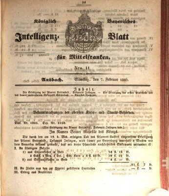 Königlich Bayerisches Intelligenzblatt für Mittelfranken (Ansbacher Intelligenz-Zeitung) Samstag 7. Februar 1846