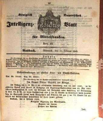 Königlich Bayerisches Intelligenzblatt für Mittelfranken (Ansbacher Intelligenz-Zeitung) Mittwoch 11. Februar 1846