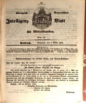 Königlich Bayerisches Intelligenzblatt für Mittelfranken (Ansbacher Intelligenz-Zeitung) Mittwoch 4. März 1846