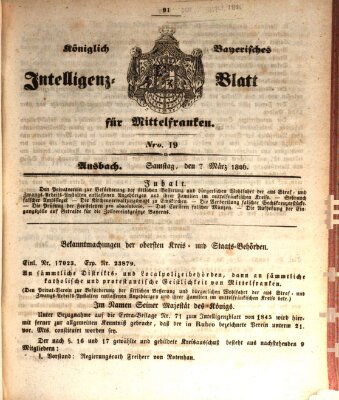 Königlich Bayerisches Intelligenzblatt für Mittelfranken (Ansbacher Intelligenz-Zeitung) Samstag 7. März 1846