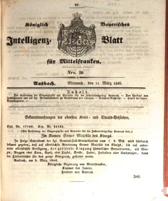 Königlich Bayerisches Intelligenzblatt für Mittelfranken (Ansbacher Intelligenz-Zeitung) Mittwoch 11. März 1846