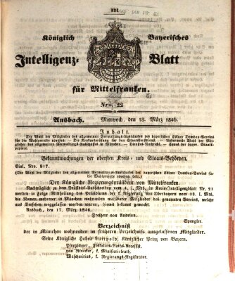 Königlich Bayerisches Intelligenzblatt für Mittelfranken (Ansbacher Intelligenz-Zeitung) Mittwoch 18. März 1846