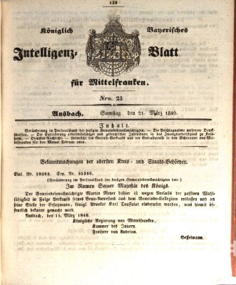 Königlich Bayerisches Intelligenzblatt für Mittelfranken (Ansbacher Intelligenz-Zeitung) Samstag 21. März 1846