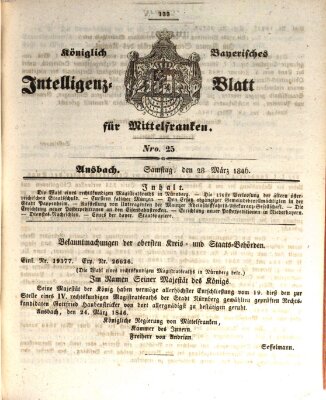 Königlich Bayerisches Intelligenzblatt für Mittelfranken (Ansbacher Intelligenz-Zeitung) Samstag 28. März 1846