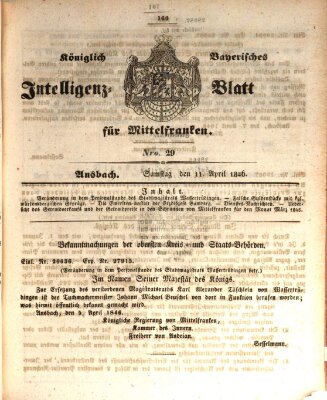 Königlich Bayerisches Intelligenzblatt für Mittelfranken (Ansbacher Intelligenz-Zeitung) Samstag 11. April 1846