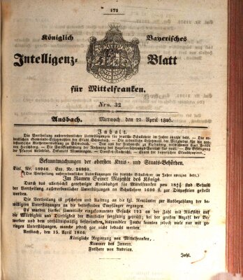 Königlich Bayerisches Intelligenzblatt für Mittelfranken (Ansbacher Intelligenz-Zeitung) Wednesday 22. April 1846