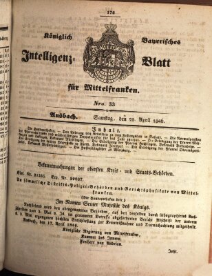 Königlich Bayerisches Intelligenzblatt für Mittelfranken (Ansbacher Intelligenz-Zeitung) Samstag 25. April 1846