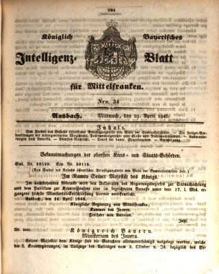 Königlich Bayerisches Intelligenzblatt für Mittelfranken (Ansbacher Intelligenz-Zeitung) Mittwoch 29. April 1846