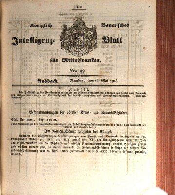 Königlich Bayerisches Intelligenzblatt für Mittelfranken (Ansbacher Intelligenz-Zeitung) Samstag 16. Mai 1846