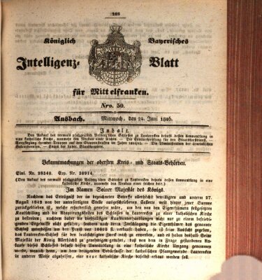 Königlich Bayerisches Intelligenzblatt für Mittelfranken (Ansbacher Intelligenz-Zeitung) Mittwoch 24. Juni 1846