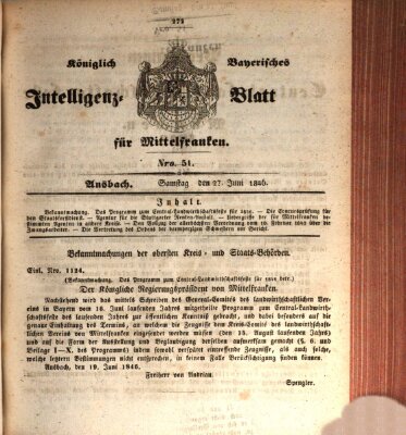 Königlich Bayerisches Intelligenzblatt für Mittelfranken (Ansbacher Intelligenz-Zeitung) Samstag 27. Juni 1846