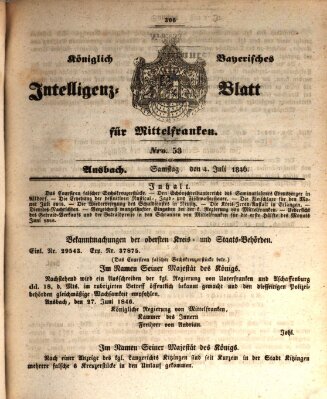 Königlich Bayerisches Intelligenzblatt für Mittelfranken (Ansbacher Intelligenz-Zeitung) Samstag 4. Juli 1846