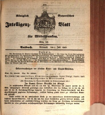 Königlich Bayerisches Intelligenzblatt für Mittelfranken (Ansbacher Intelligenz-Zeitung) Mittwoch 8. Juli 1846