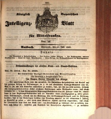 Königlich Bayerisches Intelligenzblatt für Mittelfranken (Ansbacher Intelligenz-Zeitung) Mittwoch 15. Juli 1846