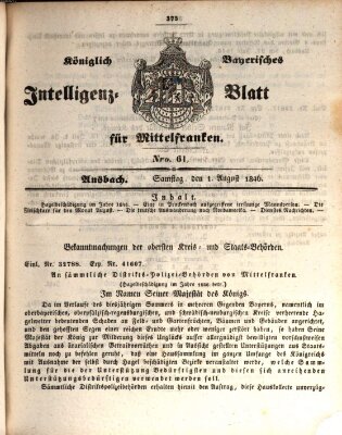 Königlich Bayerisches Intelligenzblatt für Mittelfranken (Ansbacher Intelligenz-Zeitung) Samstag 1. August 1846