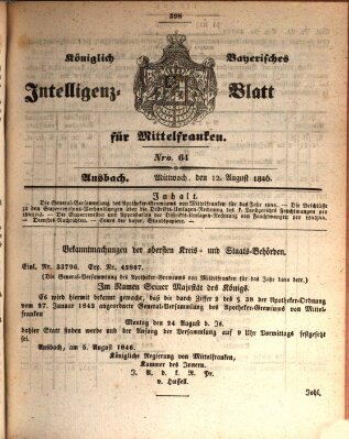 Königlich Bayerisches Intelligenzblatt für Mittelfranken (Ansbacher Intelligenz-Zeitung) Mittwoch 12. August 1846