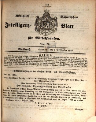 Königlich Bayerisches Intelligenzblatt für Mittelfranken (Ansbacher Intelligenz-Zeitung) Mittwoch 2. September 1846